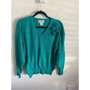 Vintage Teal V Neck Sweater Embellished Floral Roses Knit Size M